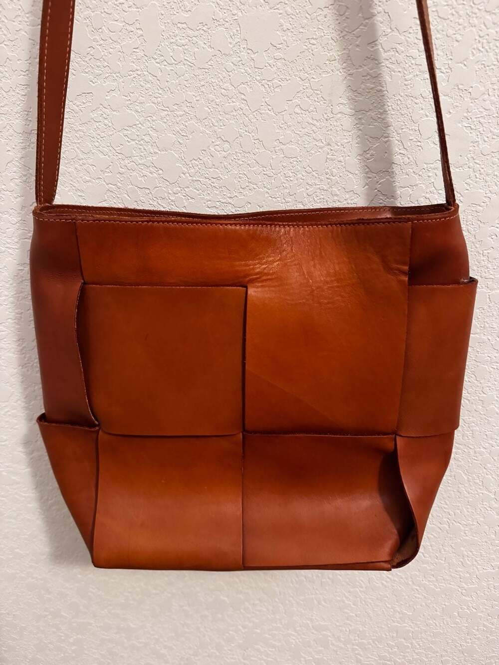 Vintage Italian Genuine Leather Woven Crossbody Shoulder Bag Brown